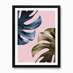 Monstera Leaves Blue and Bronze_2058453 Art Print