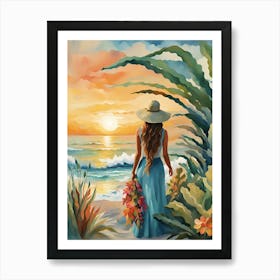 Bohemian Woman at the Sunset Beach Art Print
