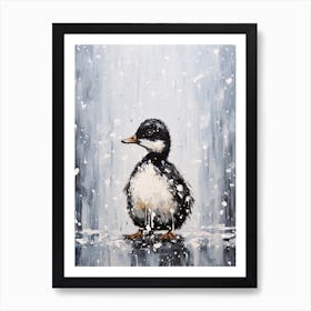 Black Feathered Duckling In A Snow Scene 2 Art Print