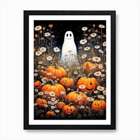 Cute Bedsheet Ghost, Botanical Halloween Watercolour 75 Art Print