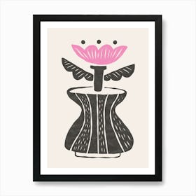 Modern Folk Flower Vase, Black and Pink Art Print