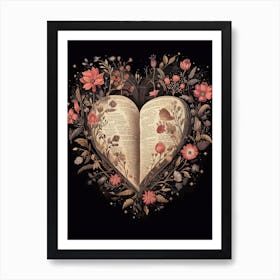 Black Background Vintage Floral Book Heart 1 Art Print