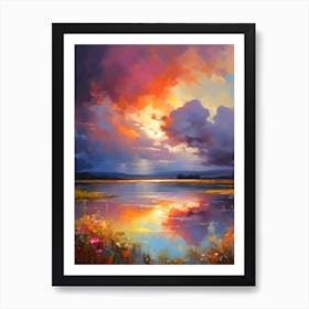 Abstract Colorful Flowers Lake Clouds Sunset Art Print