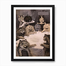 Louis Wain Vintage Cats - Christmas Pudding Dinner Party Victorian Illustration Famous Animated Cats Around the Dinner Table Having Supper - Witchy Dark Aesthetic British Humor Gallery Art Print