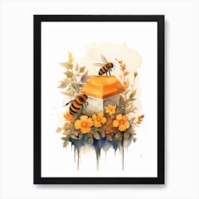 Orange Belted Bumble Bee Beehive Watercolour Illustration 4 Art Print