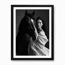 Woman On Stallion Both Cloaked In Shadow Captured In Timeless Black And White Portrait Nuanced Co Art Print