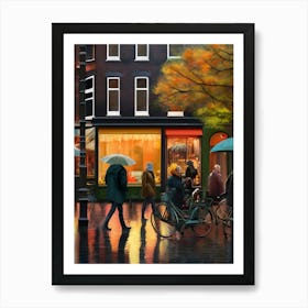 Amsterdam cafes, autumn, autumn oil colours, pastel colours, pedestrians in the street, winter clothes.1 Affiche