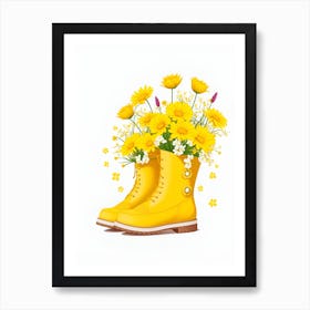 Yellow Flowers In Gardening Boots Art Print