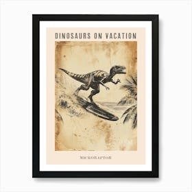 Vintage Microraptor Dinosaur On A Surf Board 2 Poster Art Print
