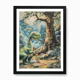 Dinosaur & Child Vintage Storybook Painting Affiche