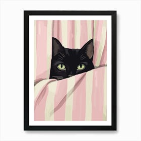 A Black Cat In Bed Pink Green Stripes Watercolor Art Print