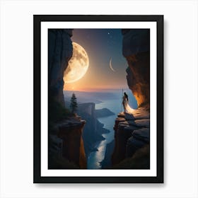 Warrior woman standing on a cliff, below the moon Art Print