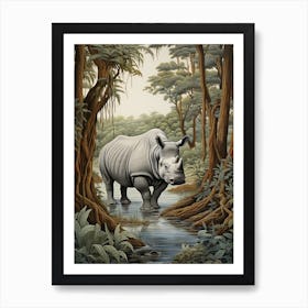 Rhino In The Stream Deep In The Forest Realistic Illustration 2 Art Print