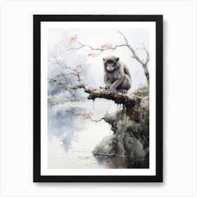 Jigokudani Monkey Park In Nagano, Japanese Brush Painting, Ukiyo E, Minimal 1 Art Print