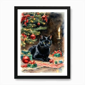 Vintage Christmas Black Cat - Winter Scene Black Cat in Santa Hat Art Print