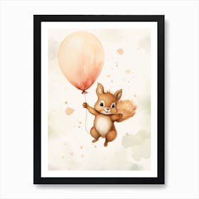 Baby Squirrel Flying With Ballons, Watercolour Nursery Art 2 Art Print