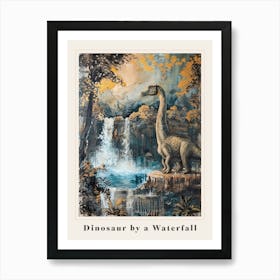 Dinosaur By A Waterfall Painting 1 Poster Póster