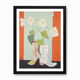 A Painting Of Cowboy Boots With White Flowers, Pop Art Style 7 Art Print