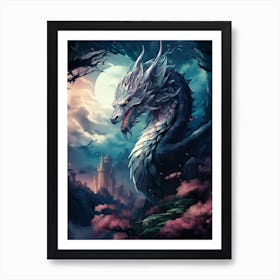 White Dragon Flying Over Landscape Under Full Moon Art Print