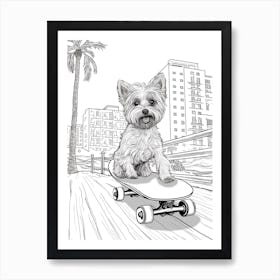 Yorkshire Terrier Dog Skateboarding Line Art 1 Art Print