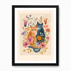 Folksy Floral Animal Drawing Cat 9 Poster Art Print