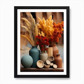 Vases with dried flowers in autumn colors Art Print