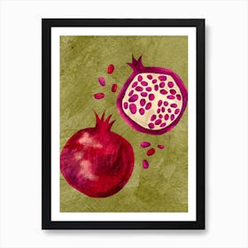 Painted Pomegranates In Olive Green Art Print