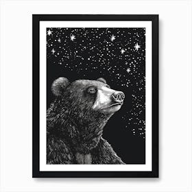 Malayan Sun Bear Looking At A Starry Sky Ink Illustration 7 Art Print