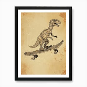 Vintage Troodon Dinosaur On A Skateboard 1 Art Print