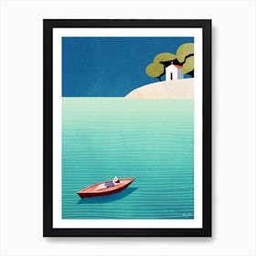 Summer Dream, Girl Sunbathing on Boat, Modern Beach Travel Poster Art Print
