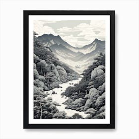 Aso Kuju National Park In Kumamoto, Ukiyo E Black And White Line Art Drawing 4 Art Print