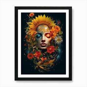 Woman With Sunflowers On Her Head 2 Art Print