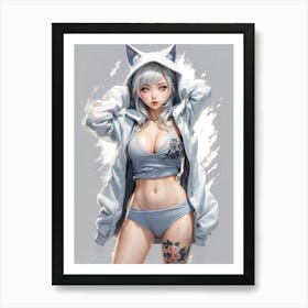 In a cyberpunk anime fantasy, a kawaii cosplay girl with cat ears poses in a white hoodie — a cute and sexy fusion of manga and waifu charm. Art Print