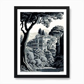 Villa Carlotta, Italy Linocut Black And White Vintage Art Print