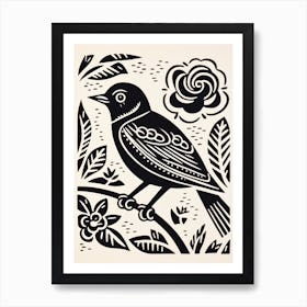 B&W Bird Linocut Sparrow 4 Art Print