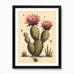 Cactus With Pink Flower Vintage Illustration Art Print