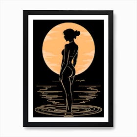 a woman silhouette in sunset tones against a black background. Art Print