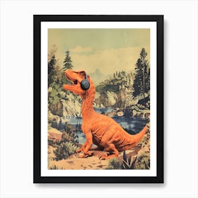 Retro Collage Dinosaur Listening To Music With Headphones 2 Art Print