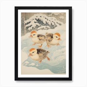 Ducklings In The Icy Water Japanese Woodblock Style 2 Art Print