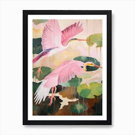 Pink Ethereal Bird Painting Green Heron Art Print