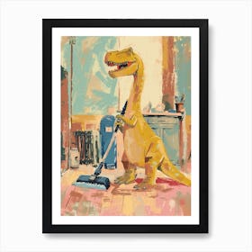 Pastel Dinosaur Cleaning The House Art Print