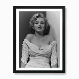 Marilyn Monroe in White Gown, Vintage Black and White Old Photo Art Print