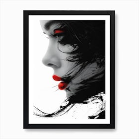 Cracked Realities: Red Ink Rendition Inspired by Chevrier and Gillen: Portrait Of A Woman With Red Lipstick Art Print