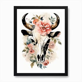 Vintage Boho Bull Skull Flowers Painting (27) Art Print