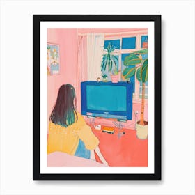 Girl Watching Tv Lo Fi Kawaii Illustration 2 Art Print