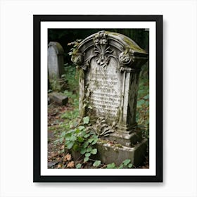 Frontal View Of A Weather Beaten Gravestone Detailing The Worn Engravings Of The Departed Soul Indi (3) Art Print