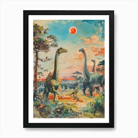 Dinosaur In Jurassic Landscape Vintage Illustration 1 Art Print