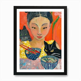 Portrait Of A Woman With Cats Eating Ramen 1 Art Print