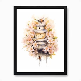 Beehive With Apple Blossom Watercolour Illustration 3 Art Print