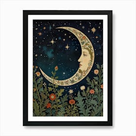 Moon And Flowers Style William Morris 2 Art Print 2 Art Print